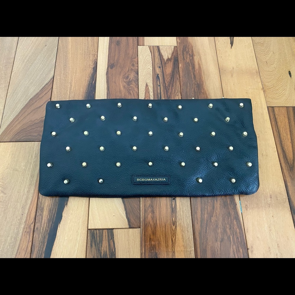 BCBGMaxAzaria Black Leather Clutch with Gold Metal Studs